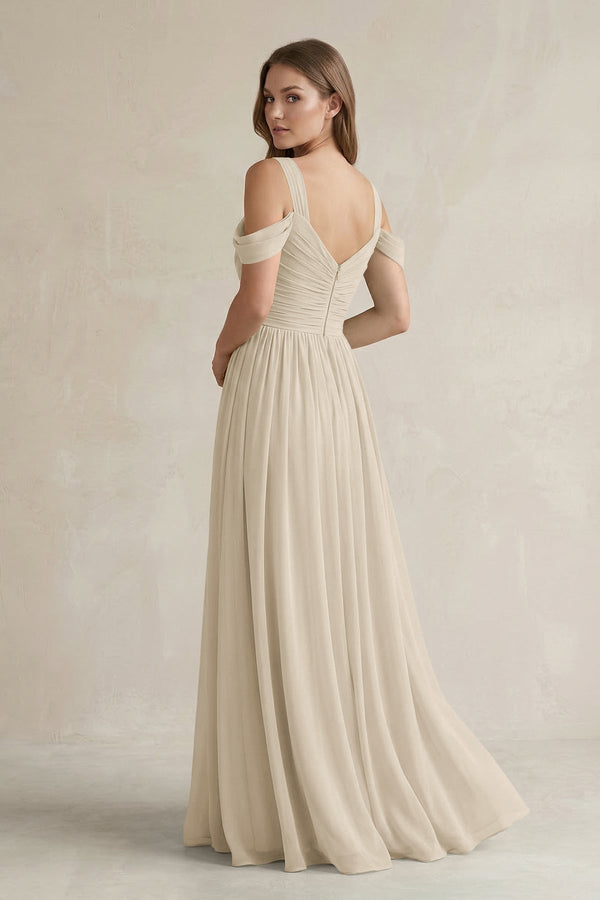 Off - the - Shoulder A - Line Chiffon Bridesmaid Dress With Slit in Champagne - SHE IS ME Bridesmaid Dresses