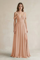 Off - the - Shoulder A - Line Chiffon Bridesmaid Dress With Slit in Champagne Rose - SHE IS ME Bridesmaid Dresses