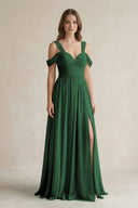 Off - the - Shoulder A - Line Chiffon Bridesmaid Dress With Slit in Dark Green - SHE IS ME Bridesmaid Dresses