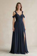 Off - the - Shoulder A - Line Chiffon Bridesmaid Dress With Slit in Dark Navy - SHE IS ME Bridesmaid Dresses