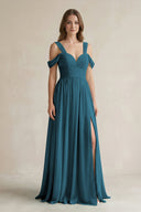 Off - the - Shoulder A - Line Chiffon Bridesmaid Dress With Slit in Dark Teal - SHE IS ME Bridesmaid Dresses