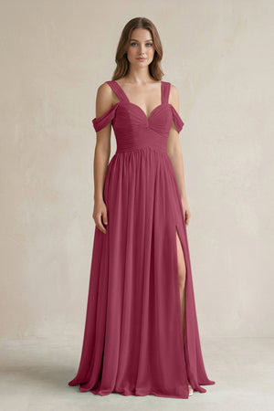 Off - the - Shoulder A - Line Chiffon Bridesmaid Dress With Slit in Desert Rose - SHE IS ME Bridesmaid Dresses