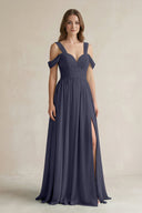 Off - the - Shoulder A - Line Chiffon Bridesmaid Dress With Slit in Dusk Blue - SHE IS ME Bridesmaid Dresses