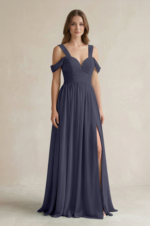 Off - the - Shoulder A - Line Chiffon Bridesmaid Dress With Slit in Dusk Blue - SHE IS ME Bridesmaid Dresses