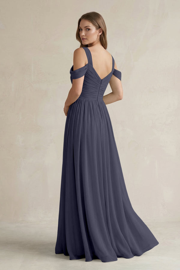 Off - the - Shoulder A - Line Chiffon Bridesmaid Dress With Slit in Dusk Blue - SHE IS ME Bridesmaid Dresses