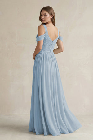 Off - the - Shoulder A - Line Chiffon Bridesmaid Dress With Slit in Dusty Blue - SHE IS ME Bridesmaid Dresses