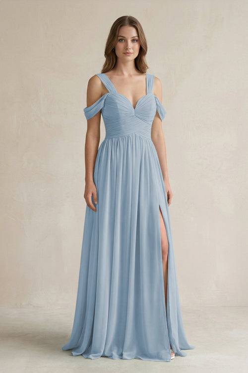 Off - the - Shoulder A - Line Chiffon Bridesmaid Dress With Slit in Dusty Blue - SHE IS ME Bridesmaid Dresses
