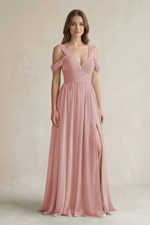 Off - the - Shoulder A - Line Chiffon Bridesmaid Dress With Slit in Dusty Rose - SHE IS ME Bridesmaid Dresses