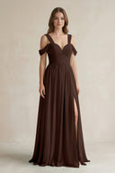 Off - the - Shoulder A - Line Chiffon Bridesmaid Dress With Slit in Espresso - SHE IS ME Bridesmaid Dresses