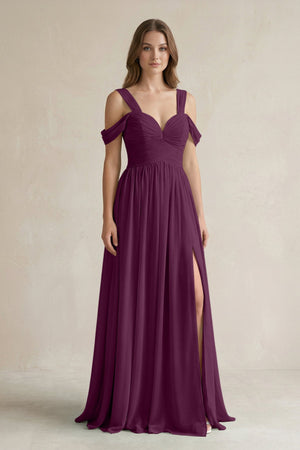 Off - the - Shoulder A - Line Chiffon Bridesmaid Dress With Slit in Fig - SHE IS ME Bridesmaid Dresses