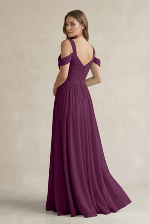 Off - the - Shoulder A - Line Chiffon Bridesmaid Dress With Slit in Fig - SHE IS ME Bridesmaid Dresses
