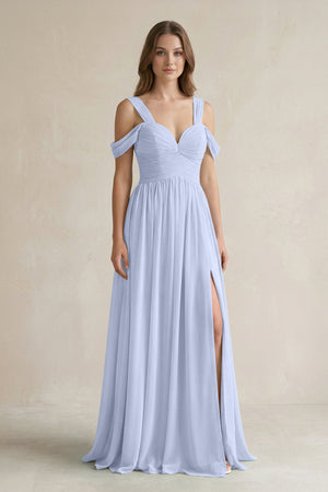 Off - the - Shoulder A - Line Chiffon Bridesmaid Dress With Slit in Ice - SHE IS ME Bridesmaid Dresses