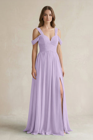Off - the - Shoulder A - Line Chiffon Bridesmaid Dress With Slit in Lavender - SHE IS ME Bridesmaid Dresses