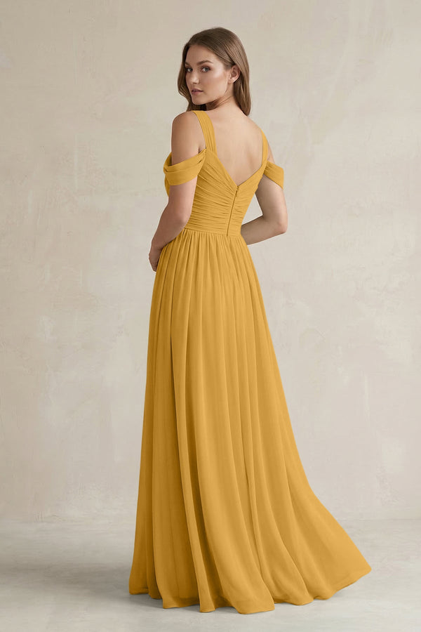 Off - the - Shoulder A - Line Chiffon Bridesmaid Dress With Slit in Marigold - SHE IS ME Bridesmaid Dresses