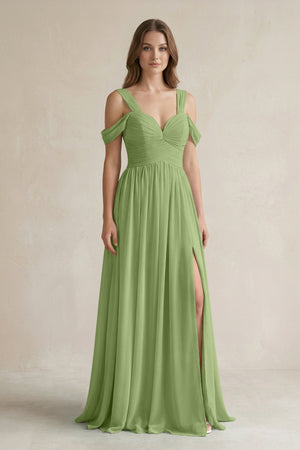 Off - the - Shoulder A - Line Chiffon Bridesmaid Dress With Slit in Matcha - SHE IS ME Bridesmaid Dresses