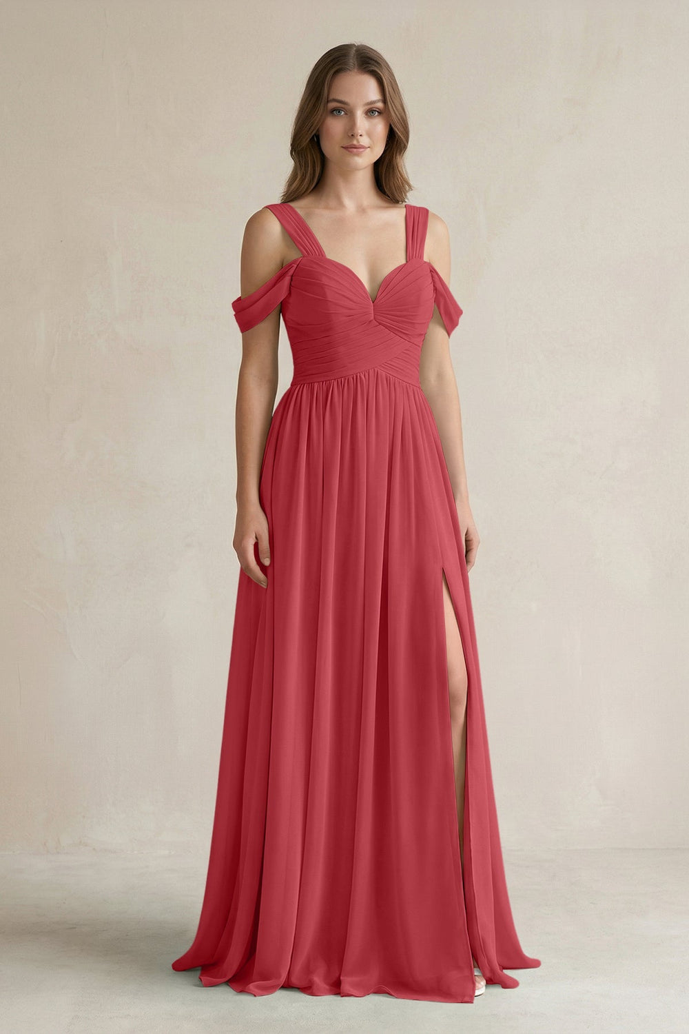 Off - the - Shoulder A - Line Chiffon Bridesmaid Dress With Slit in Merlot - SHE IS ME Bridesmaid Dresses