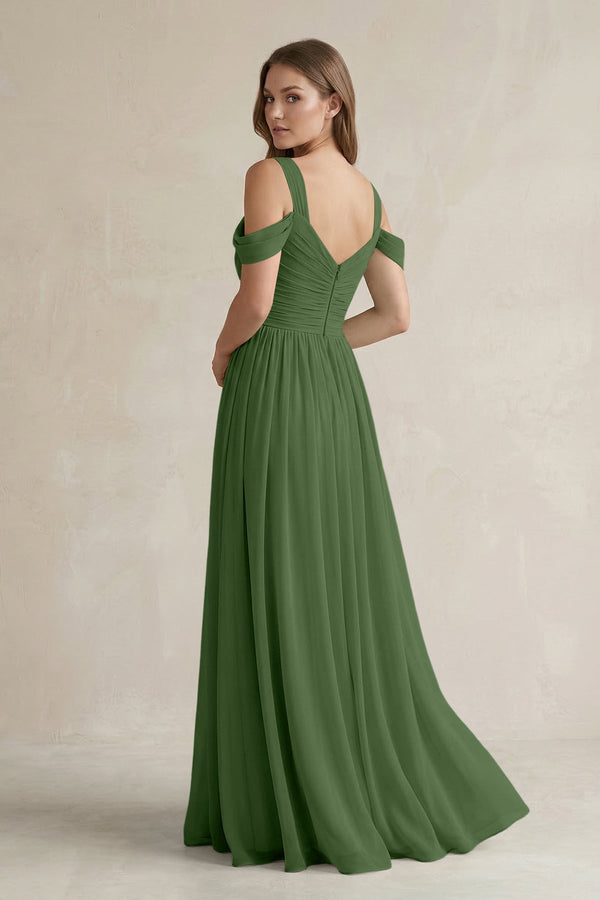 Off - the - Shoulder A - Line Chiffon Bridesmaid Dress With Slit in Moss - SHE IS ME Bridesmaid Dresses