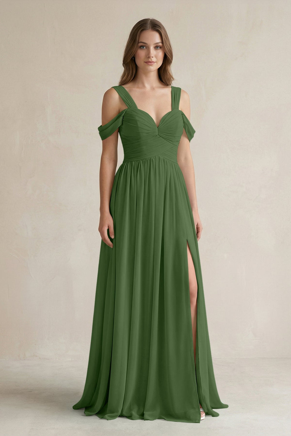 Off - the - Shoulder A - Line Chiffon Bridesmaid Dress With Slit in Moss - SHE IS ME Bridesmaid Dresses