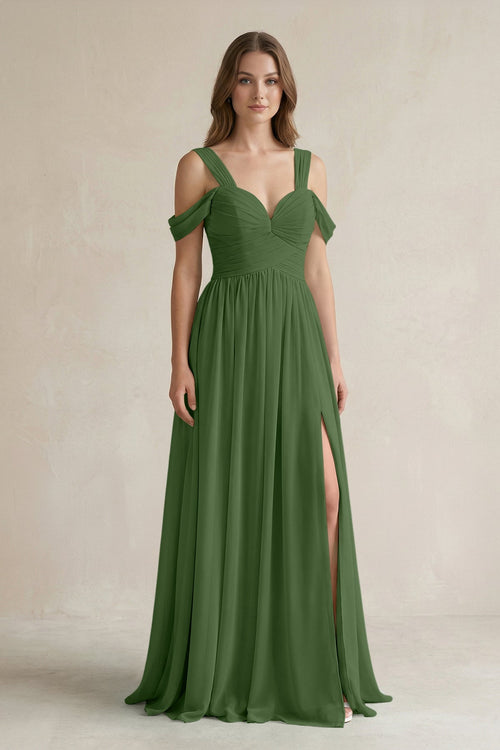 Off - the - Shoulder A - Line Chiffon Bridesmaid Dress With Slit in Moss - SHE IS ME Bridesmaid Dresses