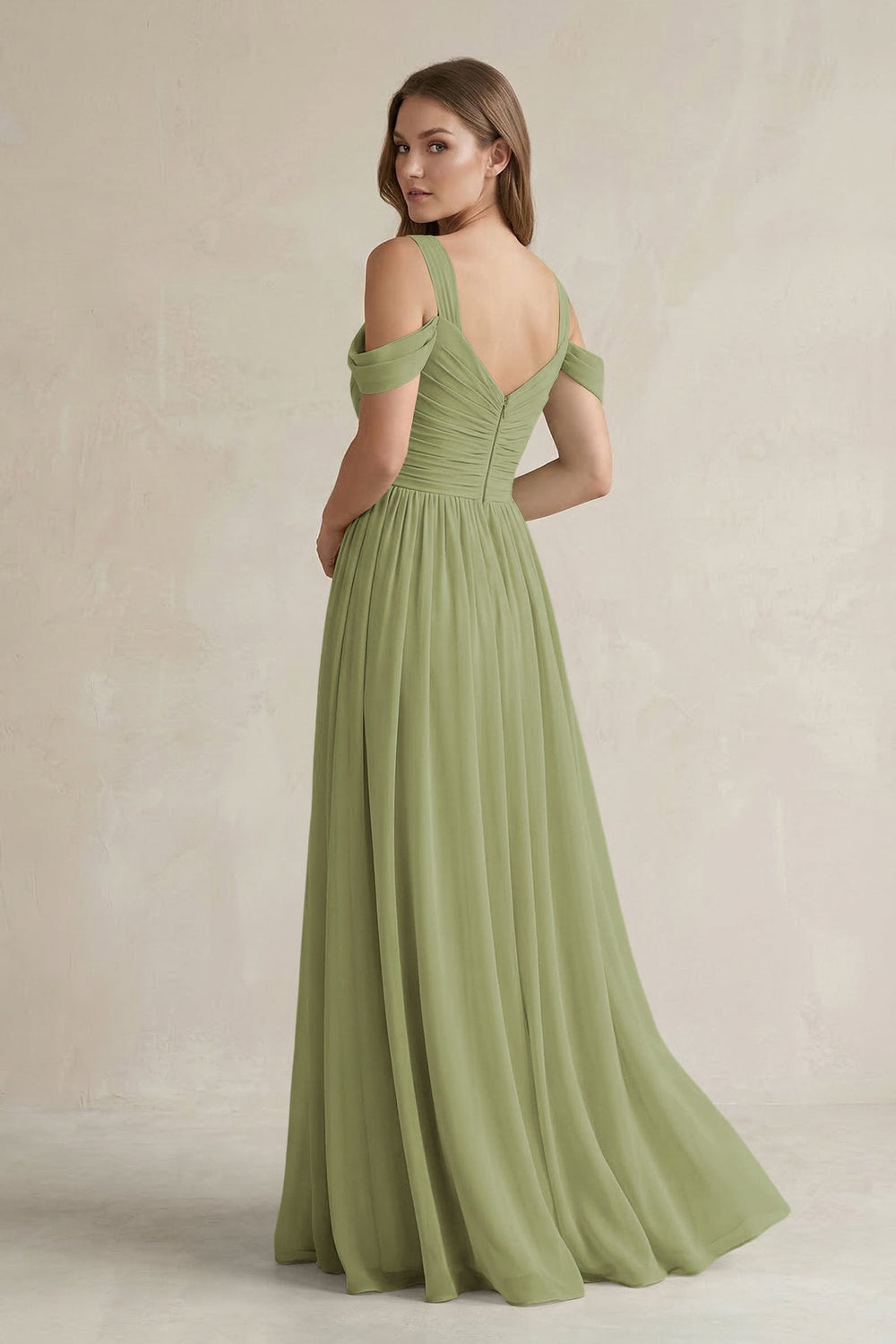 Off - the - Shoulder A - Line Chiffon Bridesmaid Dress With Slit in Moss Green - SHE IS ME Bridesmaid Dresses
