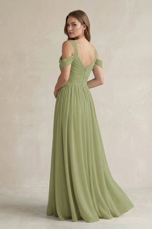 Off - the - Shoulder A - Line Chiffon Bridesmaid Dress With Slit in Moss Green - SHE IS ME Bridesmaid Dresses