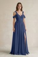 Off - the - Shoulder A - Line Chiffon Bridesmaid Dress With Slit in Navy - SHE IS ME Bridesmaid Dresses