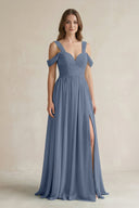 Off - the - Shoulder A - Line Chiffon Bridesmaid Dress With Slit in Neptune - SHE IS ME Bridesmaid Dresses