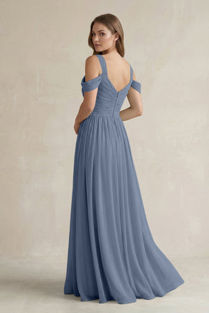 Off - the - Shoulder A - Line Chiffon Bridesmaid Dress With Slit in Neptune - SHE IS ME Bridesmaid Dresses