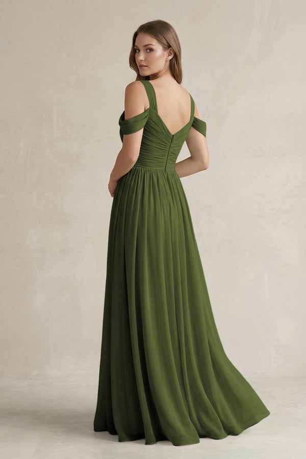 Off - the - Shoulder A - Line Chiffon Bridesmaid Dress With Slit in Olive - SHE IS ME Bridesmaid Dresses