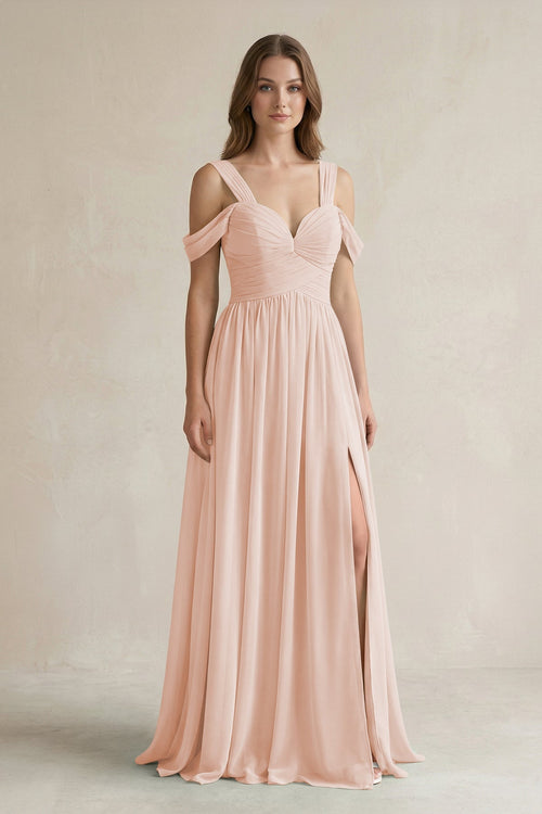 Off - the - Shoulder A - Line Chiffon Bridesmaid Dress With Slit in Pale Blush - SHE IS ME Bridesmaid Dresses