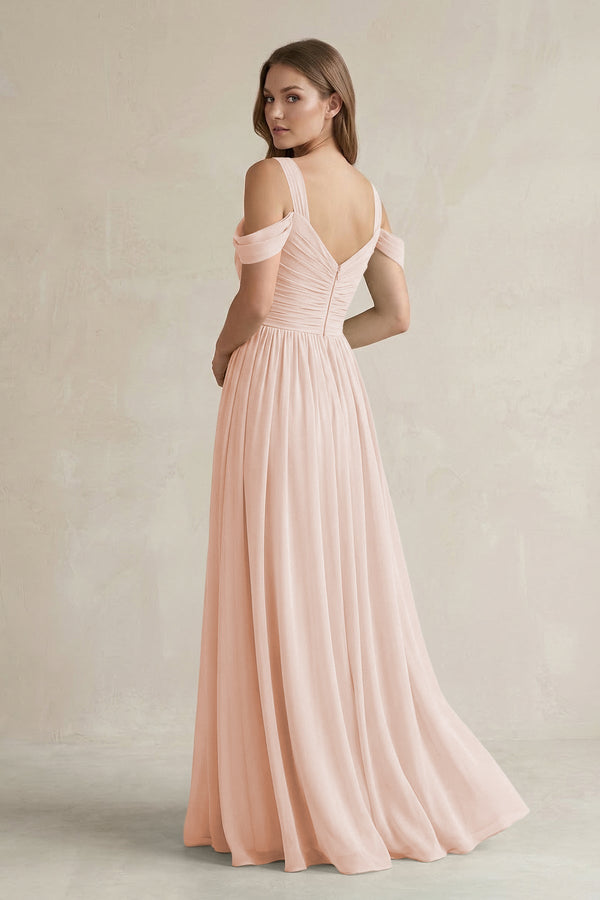 Off - the - Shoulder A - Line Chiffon Bridesmaid Dress With Slit in Pale Blush - SHE IS ME Bridesmaid Dresses
