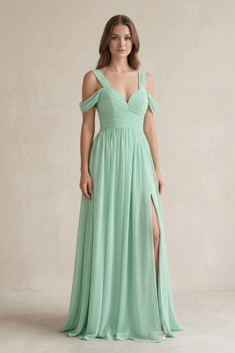 Off-the-Shoulder A-Line Chiffon Bridesmaid Dress With Slit in Pale Pistachio - SHE IS ME BRIDESMAID DRESSES