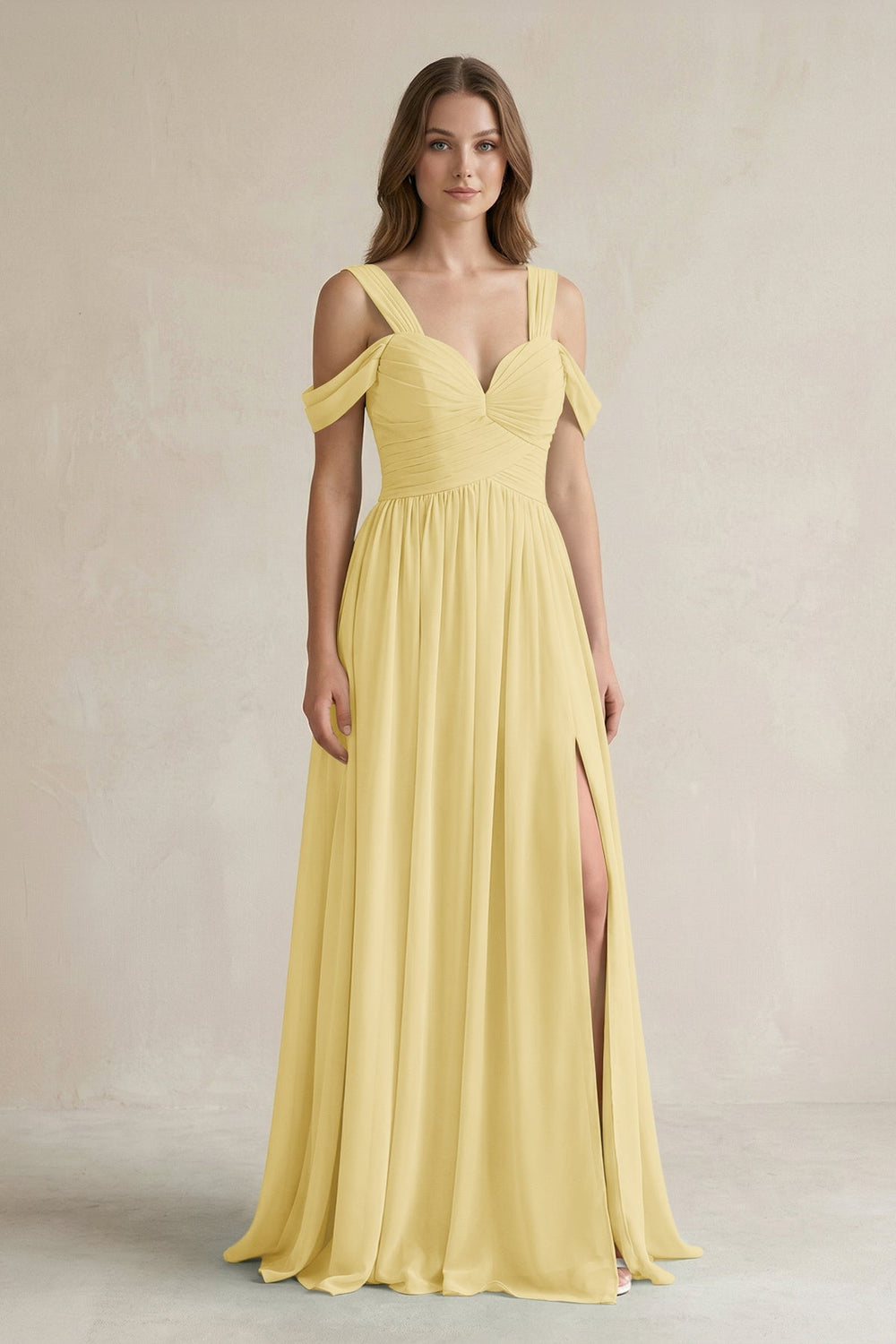 Off - the - Shoulder A - Line Chiffon Bridesmaid Dress With Slit in Pastel Yellow - SHE IS ME Bridesmaid Dresses