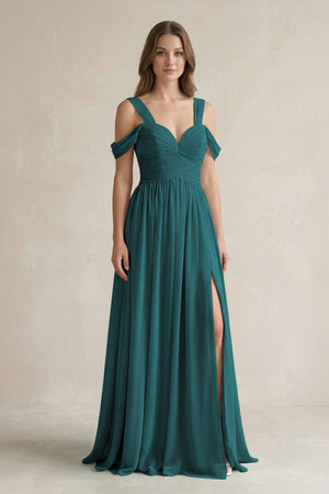 Off - the - Shoulder A - Line Chiffon Bridesmaid Dress With Slit in Pine - SHE IS ME Bridesmaid Dresses