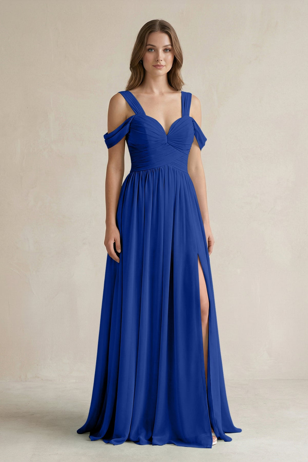 Off - the - Shoulder A - Line Chiffon Bridesmaid Dress With Slit in Royal Blue - SHE IS ME Bridesmaid Dresses