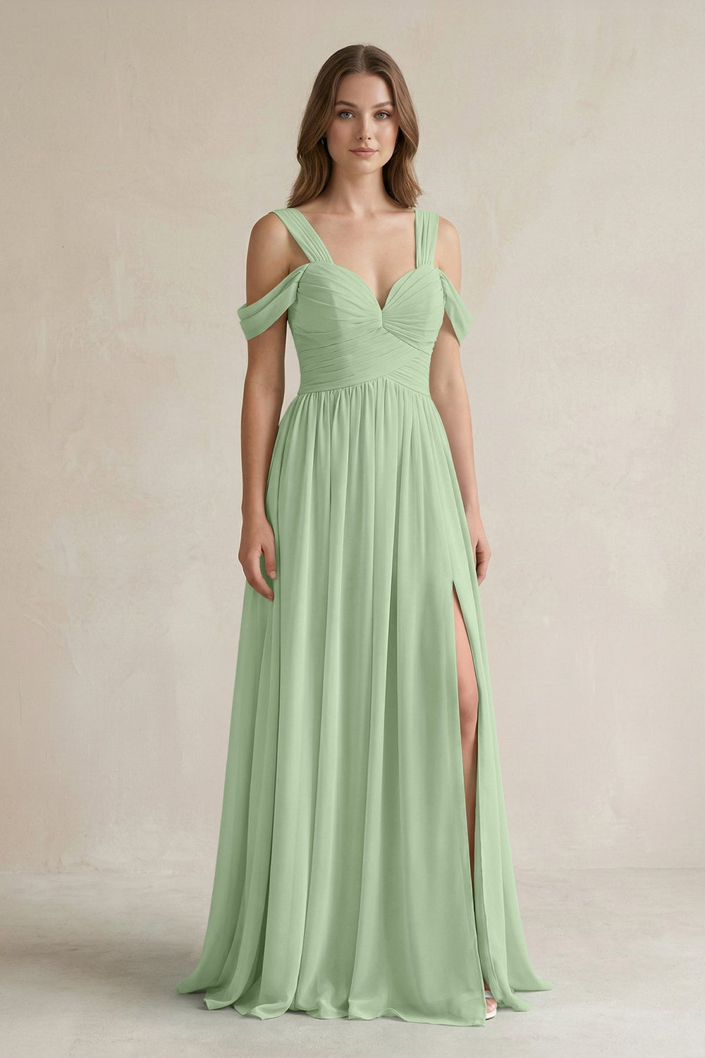Off - the - Shoulder A - Line Chiffon Bridesmaid Dress With Slit in Sage - SHE IS ME Bridesmaid Dresses