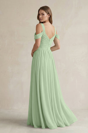 Off - the - Shoulder A - Line Chiffon Bridesmaid Dress With Slit in Sage - SHE IS ME Bridesmaid Dresses
