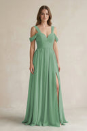 Off - the - Shoulder A - Line Chiffon Bridesmaid Dress With Slit in Sea Glass - SHE IS ME Bridesmaid Dresses