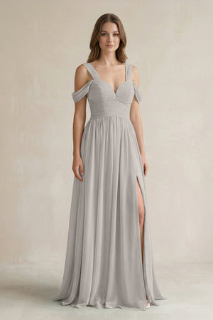 Off - the - Shoulder A - Line Chiffon Bridesmaid Dress With Slit in Silver - SHE IS ME Bridesmaid Dresses