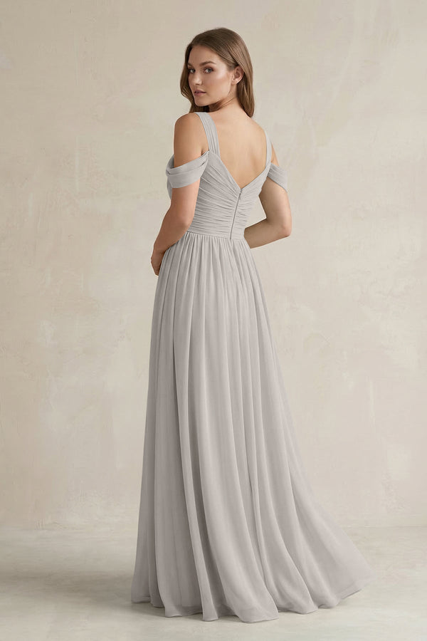 Off - the - Shoulder A - Line Chiffon Bridesmaid Dress With Slit in Silver - SHE IS ME Bridesmaid Dresses