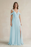 Off - the - Shoulder A - Line Chiffon Bridesmaid Dress With Slit in Sky Blue - SHE IS ME Bridesmaid Dresses