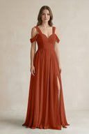 Off - the - Shoulder A - Line Chiffon Bridesmaid Dress With Slit in Spice - SHE IS ME Bridesmaid Dresses