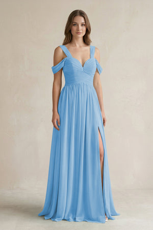 Off - the - Shoulder A - Line Chiffon Bridesmaid Dress With Slit in Steel Blue - SHE IS ME Bridesmaid Dresses