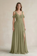 Off - the - Shoulder A - Line Chiffon Bridesmaid Dress With Slit in Thyme - SHE IS ME Bridesmaid Dresses