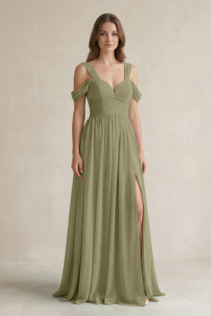Off - the - Shoulder A - Line Chiffon Bridesmaid Dress With Slit in Thyme - SHE IS ME Bridesmaid Dresses