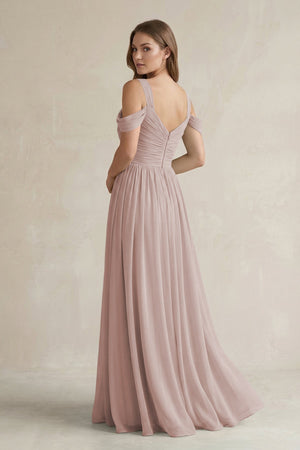Off - the - Shoulder A - Line Chiffon Bridesmaid Dress With Slit in Toffee - SHE IS ME Bridesmaid Dresses
