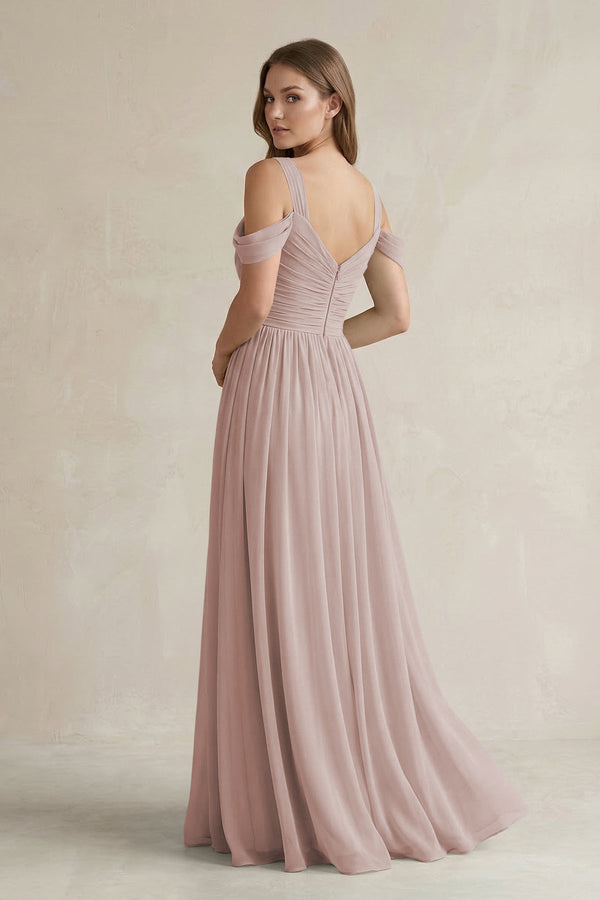 Off - the - Shoulder A - Line Chiffon Bridesmaid Dress With Slit in Toffee - SHE IS ME Bridesmaid Dresses