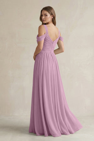 Off - the - Shoulder A - Line Chiffon Bridesmaid Dress With Slit in Wisteria - SHE IS ME Bridesmaid Dresses