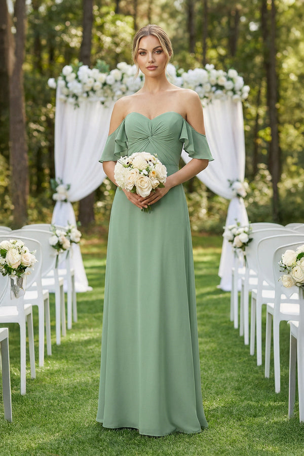 Off-the-Shoulder A-Line Chiffon Ruched Bridesmaid Dress in Sea Glass - SHE IS ME BRIDESMAID DRESSES