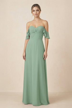 Off-the-Shoulder A-Line Chiffon Ruched Bridesmaid Dress in Sea Glass - SHE IS ME BRIDESMAID DRESSES